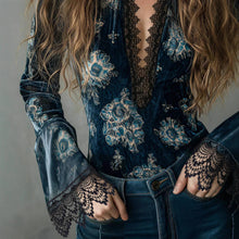 Load image into Gallery viewer, Floral Lace Trim Long Sleeve Blouse
