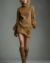 Load image into Gallery viewer, Vintage Faux Suede Cargo Pocket Long-Sleeve Mini Dress