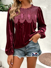 Load image into Gallery viewer, Rertro Lace Detail Patchwork Velvet Babydoll Blouse