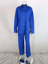Load image into Gallery viewer, Long Sleeves Buttoned Pockets Solid Color Lapel Shirts Top + Elasticity High Waisted Pants Bottom Two Pieces Set