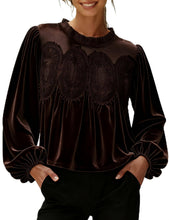 Load image into Gallery viewer, Rertro Lace Detail Patchwork Velvet Babydoll Blouse