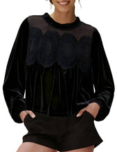 Load image into Gallery viewer, Rertro Lace Detail Patchwork Velvet Babydoll Blouse