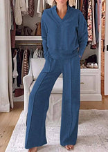 Load image into Gallery viewer, Plain V-neck Sweatshirt Elastic Waist wide leg Lounge Set