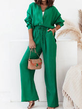 Load image into Gallery viewer, Long Sleeves Buttoned Pockets Solid Color Lapel Shirts Top + Elasticity High Waisted Pants Bottom Two Pieces Set