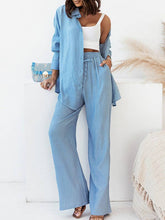 Load image into Gallery viewer, Long Sleeves Buttoned Pockets Solid Color Lapel Shirts Top + Elasticity High Waisted Pants Bottom Two Pieces Set