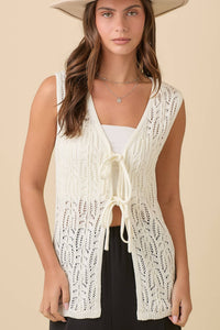 Long Crochet Knitted Vest With Front Tie Strap