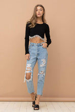 Load image into Gallery viewer, 32452T - Ribbed Crop Bust line Curve Rhinestone Fringe Top
