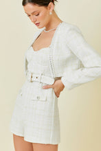 Load image into Gallery viewer, Tweed romper with belt and pearl buttons
