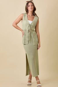 Long Crochet Knitted Vest With Front Tie Strap