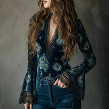Load image into Gallery viewer, Floral Lace Trim Long Sleeve Blouse
