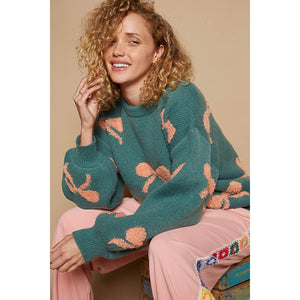 Round neck balloon sleeve ribbon pattern sweater