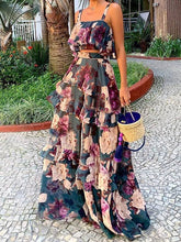 Load image into Gallery viewer, Loose Flower Print Layered Split-Joint Spaghetti-Neck Vest Top +High Waisted Skirts Bottom Two Pieces Set
