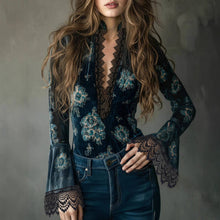 Load image into Gallery viewer, Floral Lace Trim Long Sleeve Blouse
