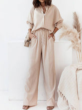 Load image into Gallery viewer, Long Sleeves Buttoned Pockets Solid Color Lapel Shirts Top + Elasticity High Waisted Pants Bottom Two Pieces Set

