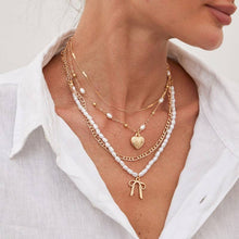 Load image into Gallery viewer, BEAUTIFUL BOW PEARL HEART PENDANT LAYERED NECKLACE |40NK9547
