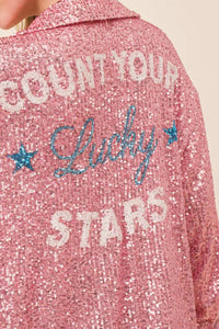 PINK SEQUIN BUTTON UP "COUNT YOUR LUCKY STARS"