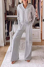 Load image into Gallery viewer, Plain V-neck Sweatshirt Elastic Waist wide leg Lounge Set
