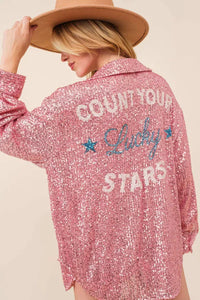 PINK SEQUIN BUTTON UP "COUNT YOUR LUCKY STARS"