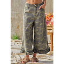 Load image into Gallery viewer, CAMOUFLAGE DENIM RUFFLED HEM MID RISE BLOOMER PANTS

