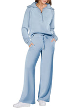 Load image into Gallery viewer, Solid half zip Long sleeve sweatshirt wide leg Relaxed set
