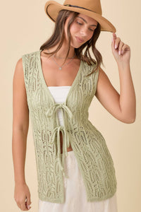 Long Crochet Knitted Vest With Front Tie Strap