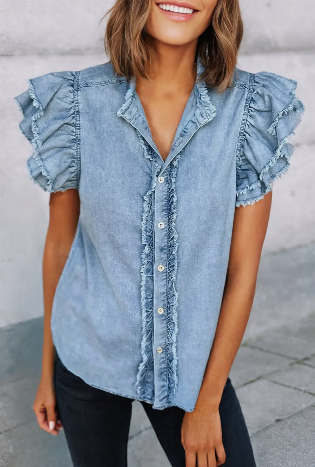 DENIM RUFFLE TOP