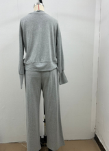 Load image into Gallery viewer, Plain V-neck Sweatshirt Elastic Waist wide leg Lounge Set
