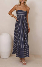 Load image into Gallery viewer, Stripe print Full A-line skirt maxi strappy dress

