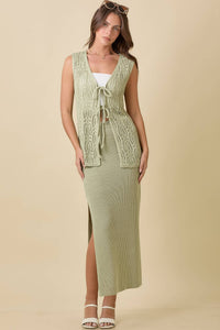 Long Crochet Knitted Vest With Front Tie Strap