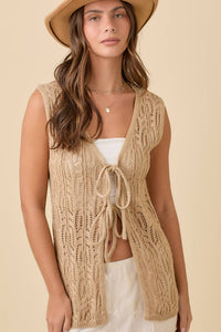 Long Crochet Knitted Vest With Front Tie Strap