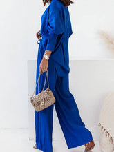 Load image into Gallery viewer, Long Sleeves Buttoned Pockets Solid Color Lapel Shirts Top + Elasticity High Waisted Pants Bottom Two Pieces Set
