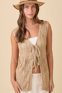 Long Crochet Knitted Vest With Front Tie Strap