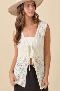 Long Crochet Knitted Vest With Front Tie Strap