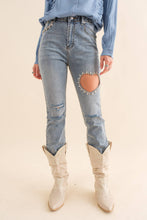 Load image into Gallery viewer, 22300P - Crop Stretch Ankle Button Heart Cut Out Denim Jeans
