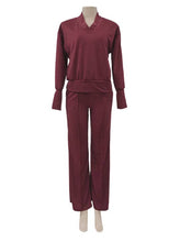 Load image into Gallery viewer, Plain V-neck Sweatshirt Elastic Waist wide leg Lounge Set
