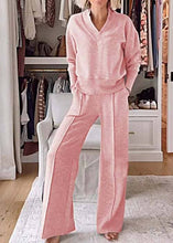 Load image into Gallery viewer, Plain V-neck Sweatshirt Elastic Waist wide leg Lounge Set
