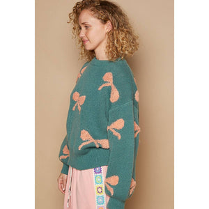 Round neck balloon sleeve ribbon pattern sweater