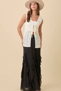 Long Crochet Knitted Vest With Front Tie Strap