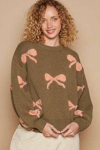 Round neck balloon sleeve ribbon pattern sweater