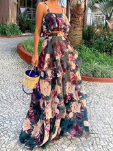 Load image into Gallery viewer, Loose Flower Print Layered Split-Joint Spaghetti-Neck Vest Top +High Waisted Skirts Bottom Two Pieces Set
