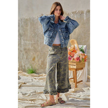 Load image into Gallery viewer, CAMOUFLAGE DENIM RUFFLED HEM MID RISE BLOOMER PANTS
