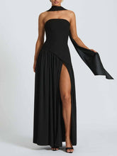 Load image into Gallery viewer, Effortless asymmetrical strapless evening dress w scarf
