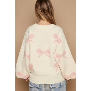 Round neck balloon sleeve ribbon pattern sweater