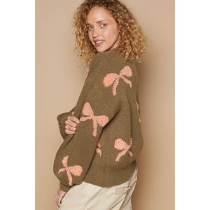 Round neck balloon sleeve ribbon pattern sweater