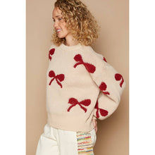 Load image into Gallery viewer, Round neck balloon sleeve ribbon pattern sweater
