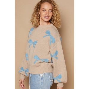 Round neck balloon sleeve ribbon pattern sweater